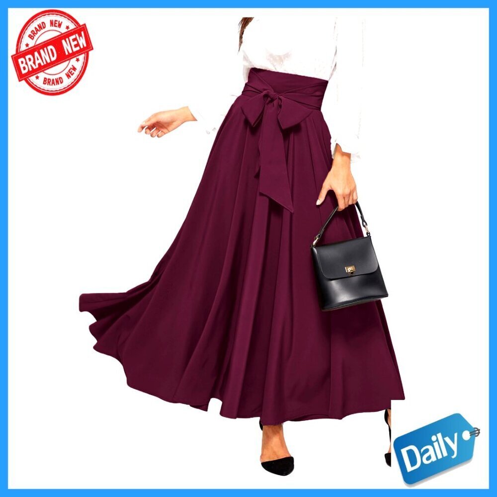 High Waist Pleated Maxi Skirt with Tie Front, Zipper Back, Flowy A-Line